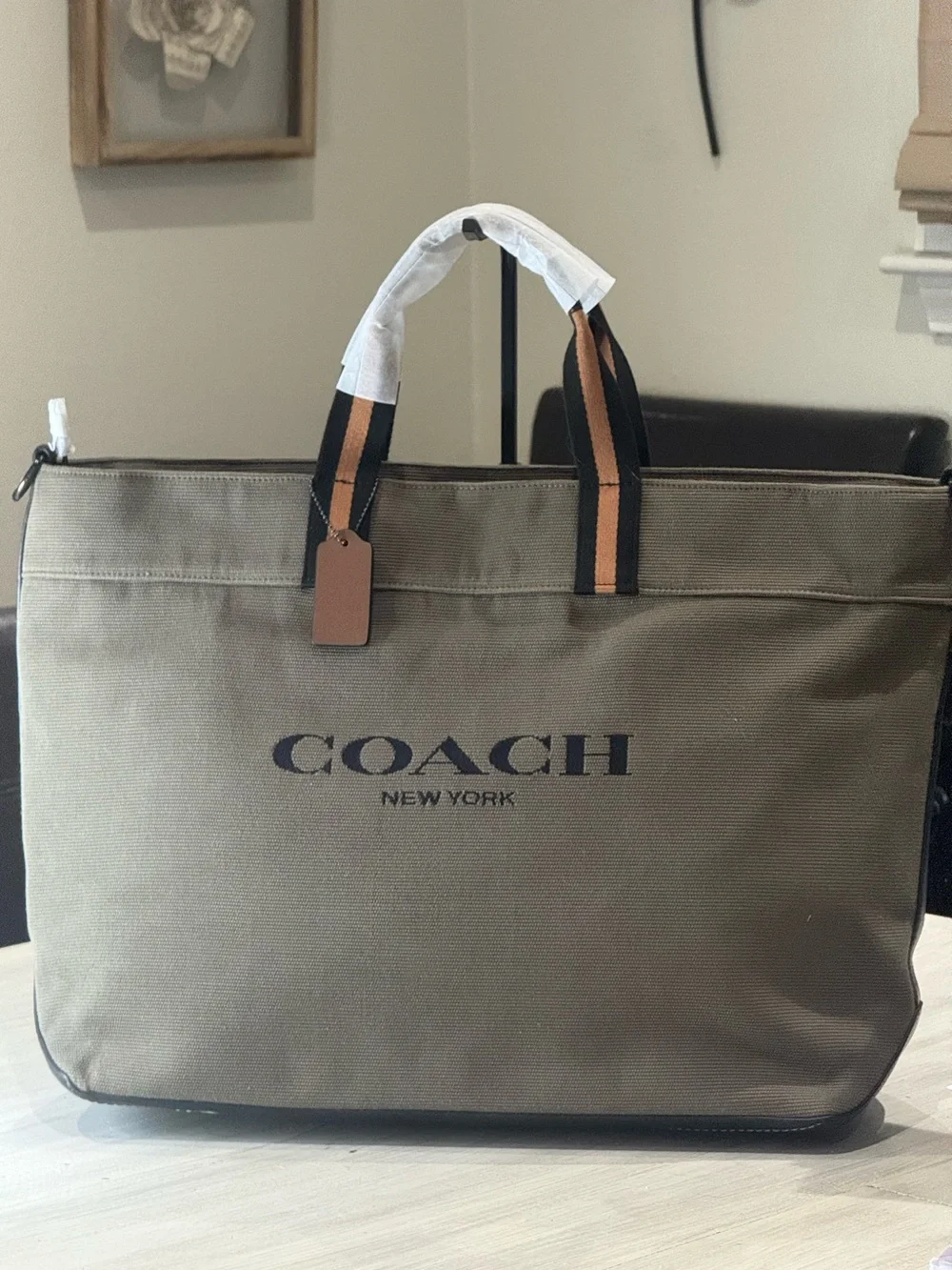 Coach Olive Canvas Tote with Black and Tan Handle Accents